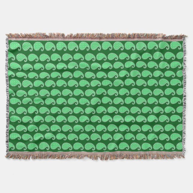 Paisley pattern, emerald green and white throw blanket (Front)