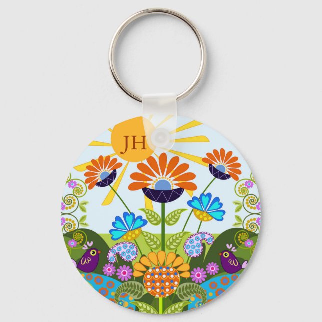 Paisley pattern, Fantasy Flowers & custom Monogram Key Ring (Front)