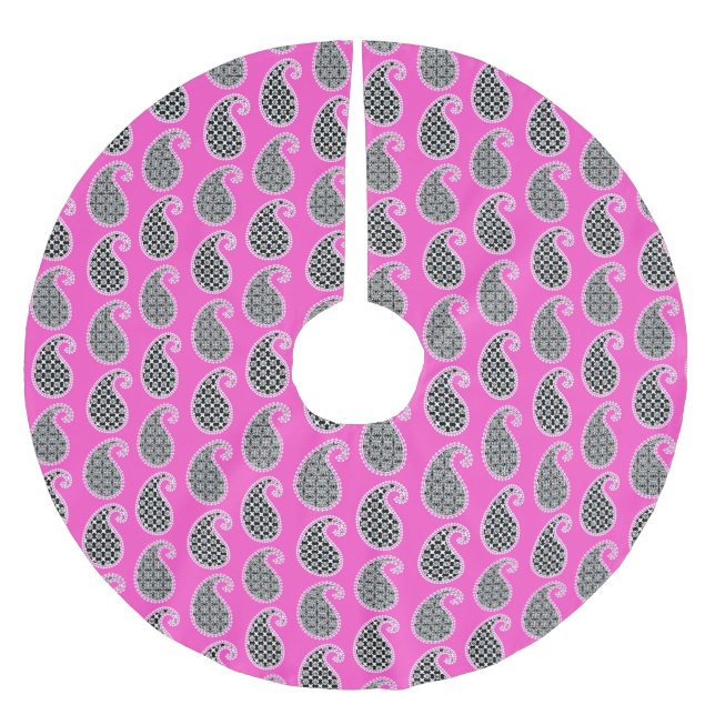 Paisley pattern, fuchsia pink, black and white brushed polyester tree skirt (Front)