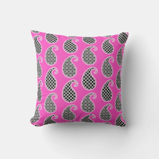 Paisley pattern, fuchsia pink, black and white cushion (Front)