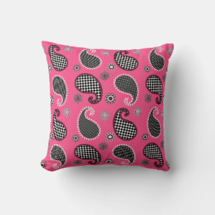 Paisley pattern, fuchsia pink, black and white cushion