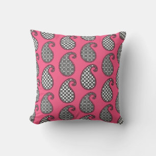 Paisley pattern, fuchsia pink, black and white cushion