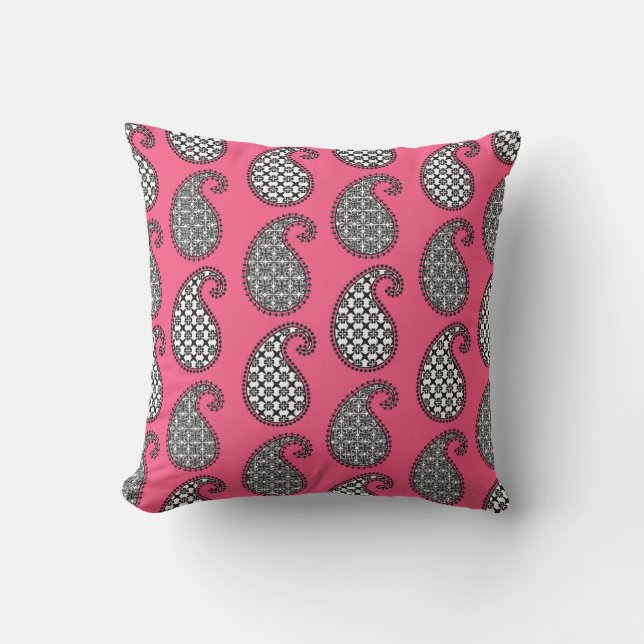 Paisley pattern, fuchsia pink, black and white cushion (Front)