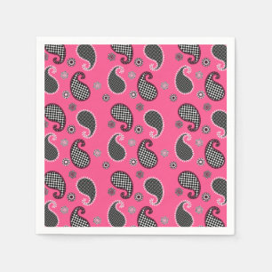 Paisley pattern, fuchsia pink, black and white napkin
