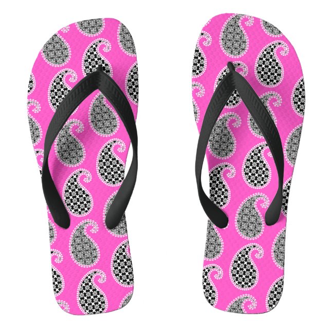 Paisley pattern, fuchsia pink, black and white thongs (Footbed)