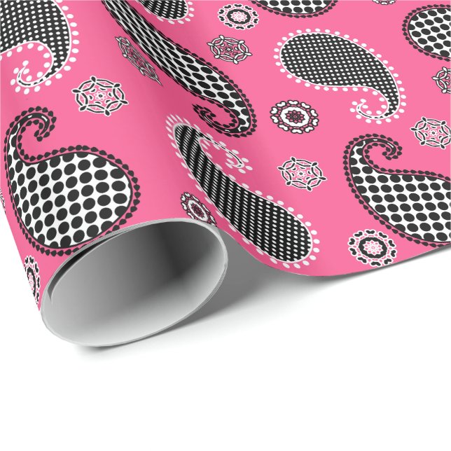 Paisley pattern, fuchsia pink, black and white wrapping paper (Roll Corner)
