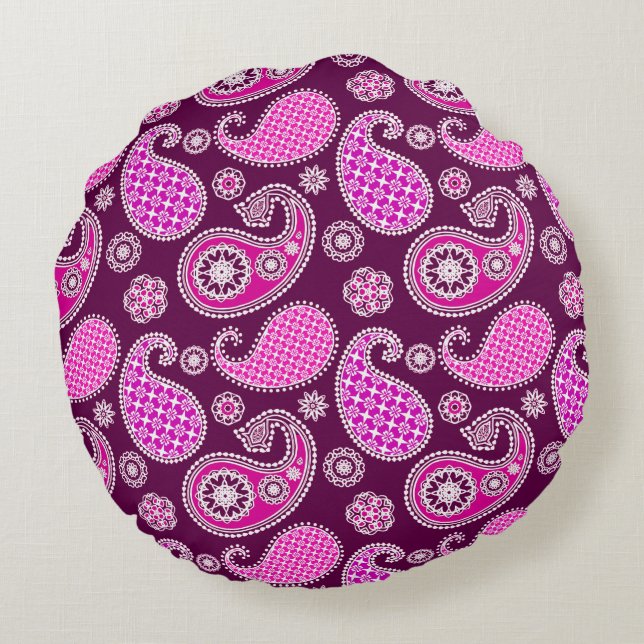 Paisley pattern, fuchsia pink, purple and white round cushion (Back)