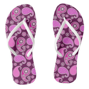 Paisley pattern, fuchsia pink, purple and white thongs