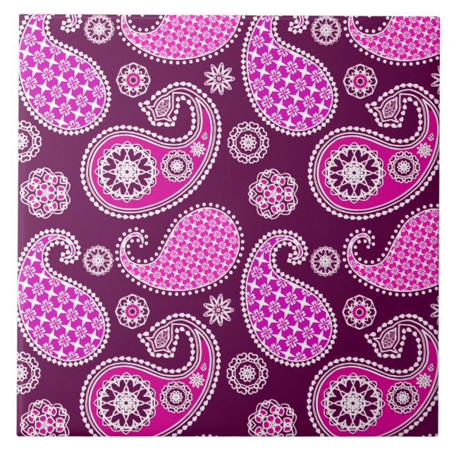 Paisley pattern, fuchsia pink, purple and white tile (Front)