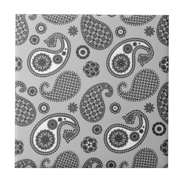 Paisley Pattern, Grey, Black and White   Ceramic Tile (Front)