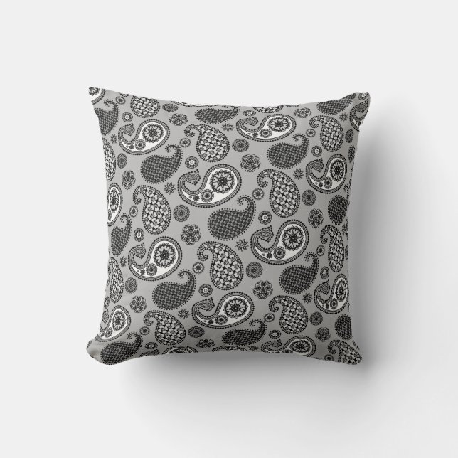 Paisley Pattern, Grey, Black and White  Cushion (Front)