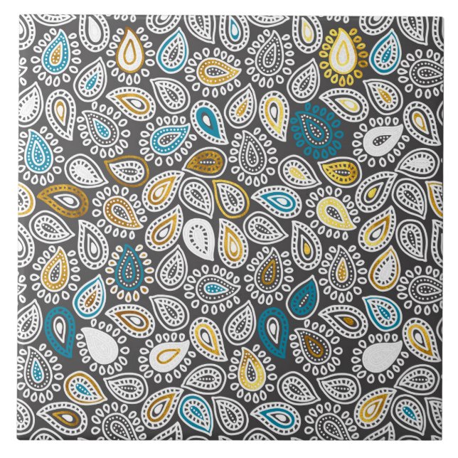 Paisley pattern in white, grey, gold and turquoise ceramic tile (Front)