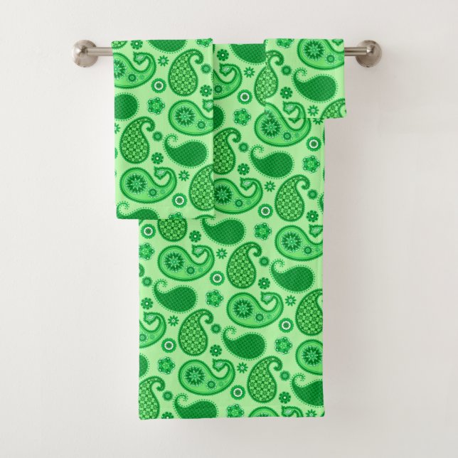 Paisley Pattern, Jade and Emerald Green Bath Towel Set (Insitu)