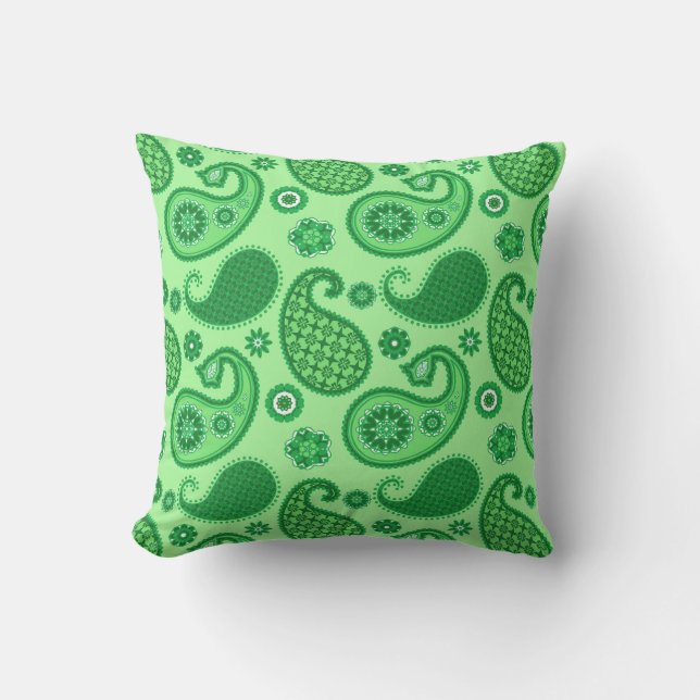 Paisley Pattern, Jade and Emerald Green Outdoor Cushion (Front)