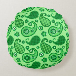 Paisley Pattern, Jade and Emerald Green Round Cushion