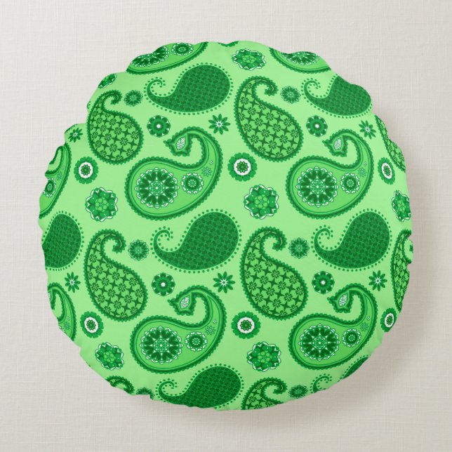 Paisley Pattern, Jade and Emerald Green Round Cushion (Front)