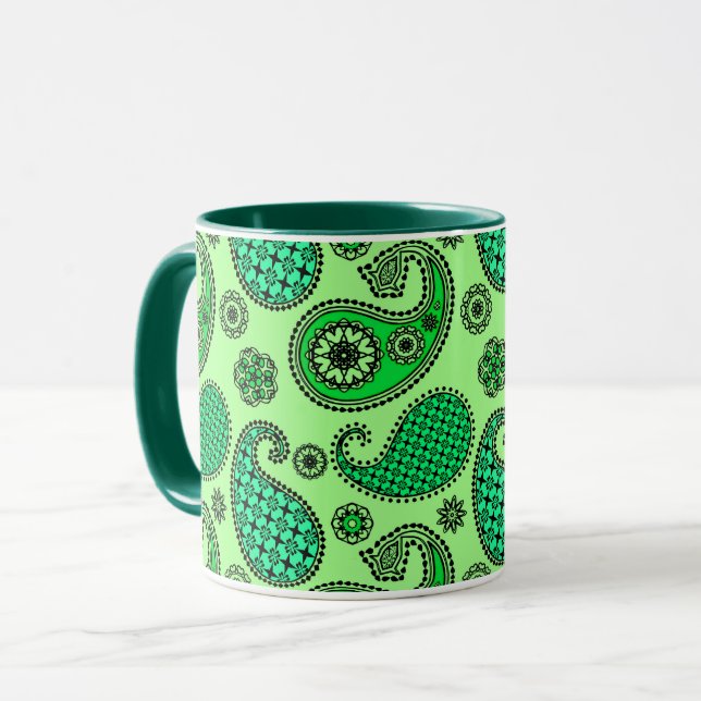 Paisley pattern, jade and mint green mug (Front Left)
