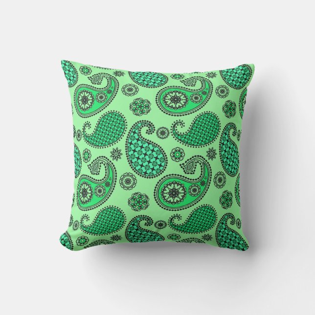 Paisley pattern, jade and mint green outdoor cushion (Front)