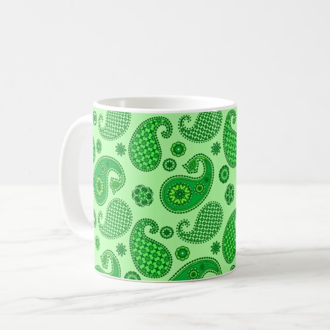 Paisley Pattern, Lime and Emerald Green Coffee Mug (Front Left)