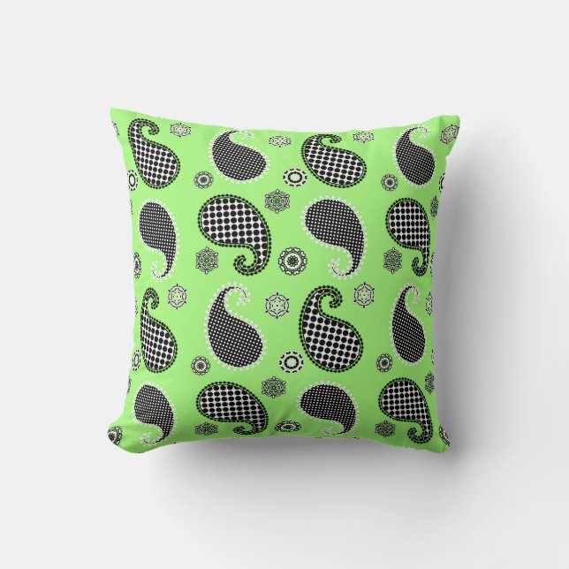 Paisley pattern, lime green, black and white cushion (Front)