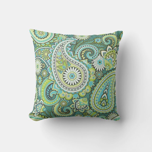 Paisley Pattern Lime Green Turquoise Cushion (Front)