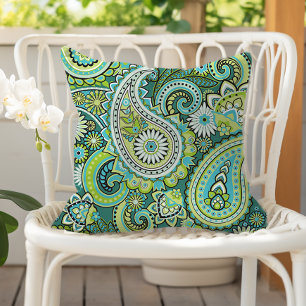 Paisley Pattern Lime Green Turquoise Cushion