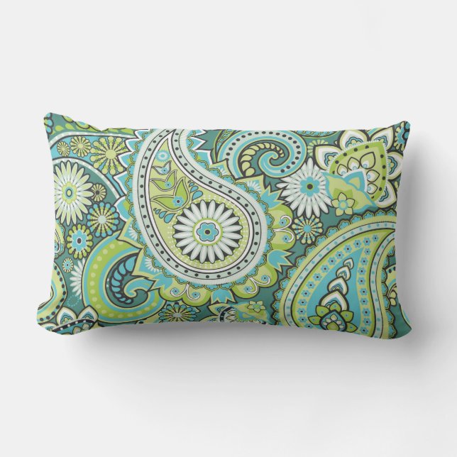 Paisley Pattern Lime Green Turquoise Outdoor Lumbar Cushion (Front)