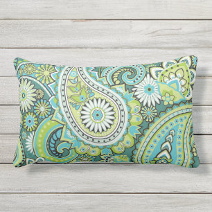 Paisley Pattern Lime Green Turquoise Outdoor Lumbar Cushion