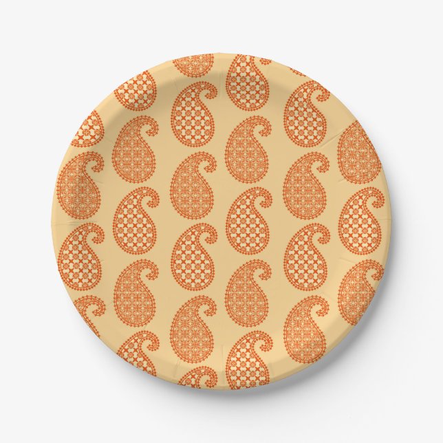 Paisley pattern, mandarin and pastel orange paper plate (Front)