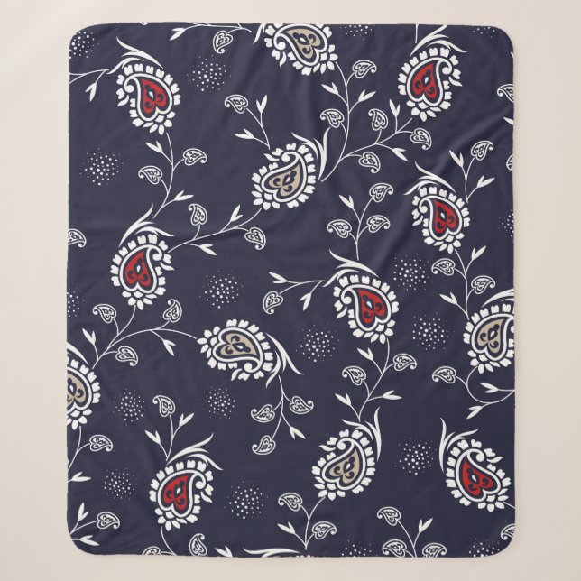 paisley pattern on navy sherpa blanket (Front)