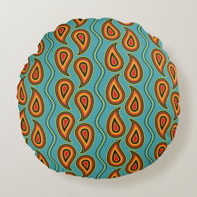 Paisley pattern,  ornamental fabric texture indian round cushion (Front)