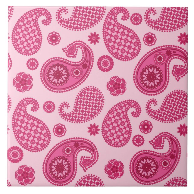 Paisley Pattern, Pastel Coral Pink and Fuchsia Ceramic Tile (Front)