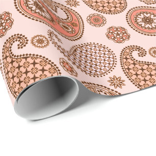 Paisley pattern, peach and coral pink wrapping paper