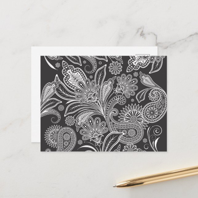 Paisley Pattern, Persian Paisley, Black and White Postcard (Front/Back In Situ)