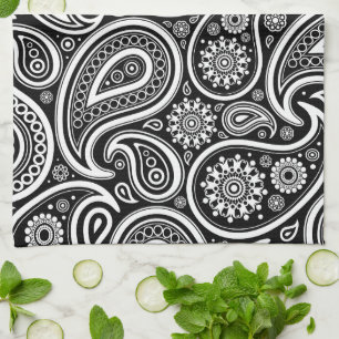 Paisley Pattern, Persian Paisley, Black and White Tea Towel