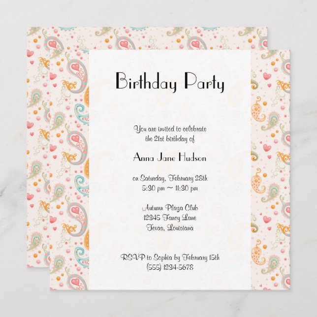 Paisley Pattern, Persian Paisley, Boteh, Birthday  Invitation (Front/Back)