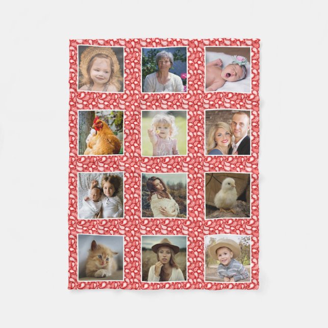 Paisley Pattern Red Custom 12 Family Photo Collage Fleece Blanket (Front)