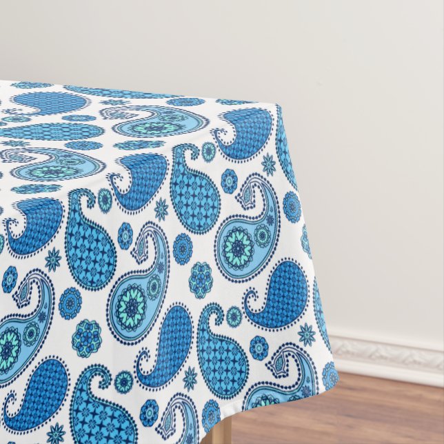 Paisley pattern, shades of blue on white tablecloth (In Situ)