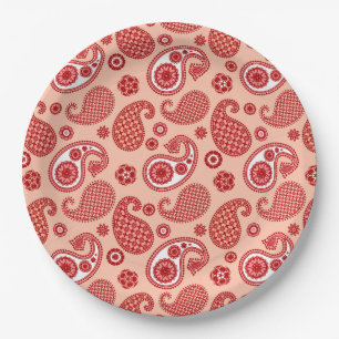 Paisley Pattern, Shades of Coral Orange Paper Plate