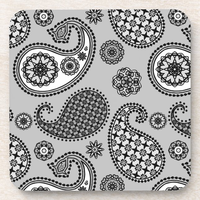Paisley pattern, shades of grey, black and white coaster (Front)