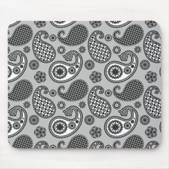 Paisley pattern, shades of grey, black and white mouse pad (Front)