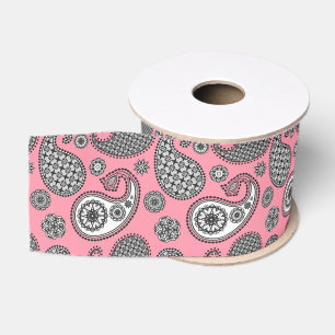 Paisley pattern, shades of grey on pink grosgrain ribbon