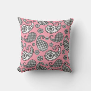 Paisley pattern, shades of grey on pink outdoor cushion