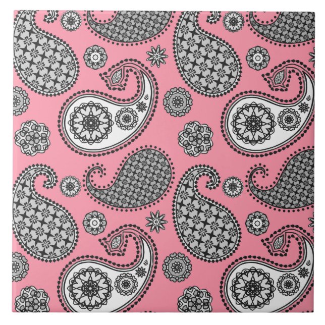 Paisley pattern, shades of grey on pink tile (Front)