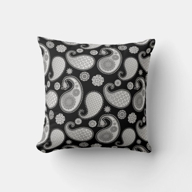Paisley pattern, Silver Grey / Grey on Black Cushion (Front)