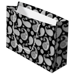 Paisley pattern, Silver Grey / Grey on Black Large Gift Bag