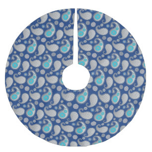 Paisley pattern, Silver Grey / Grey on Cobalt Blue Brushed Polyester Tree Skirt