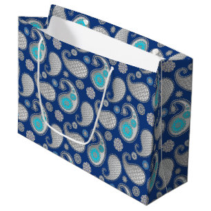 Paisley pattern, Silver Grey / Grey on Cobalt Blue Large Gift Bag