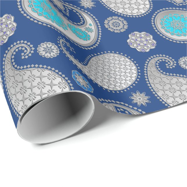 Paisley pattern, Silver Grey / Grey on Cobalt Blue Wrapping Paper (Roll Corner)