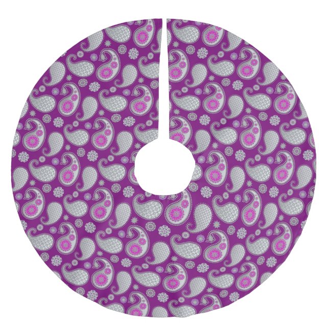 Paisley pattern, Silver Grey / Grey on Deep Purple Brushed Polyester Tree Skirt (Front)